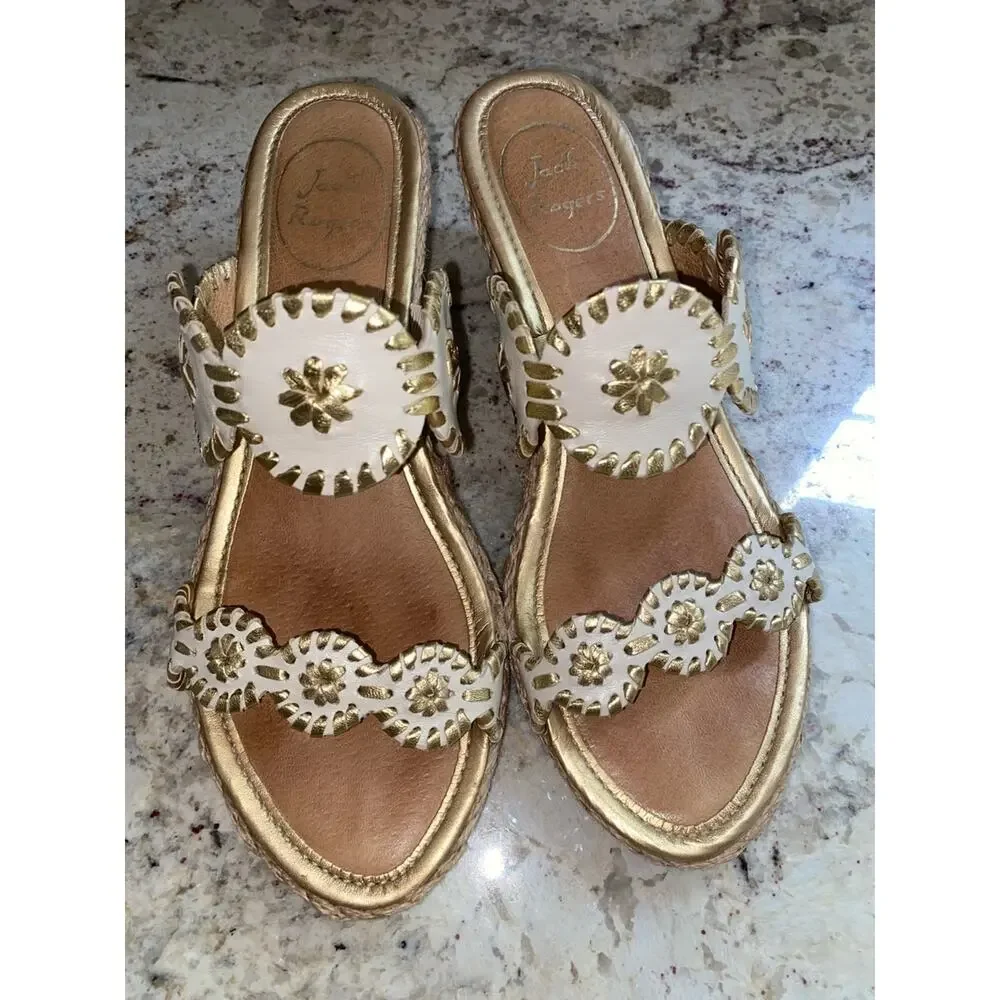 Jack Rogers $160 Shelby Wedge Sandal in Bone & Gold Preppy 7.5 EUC